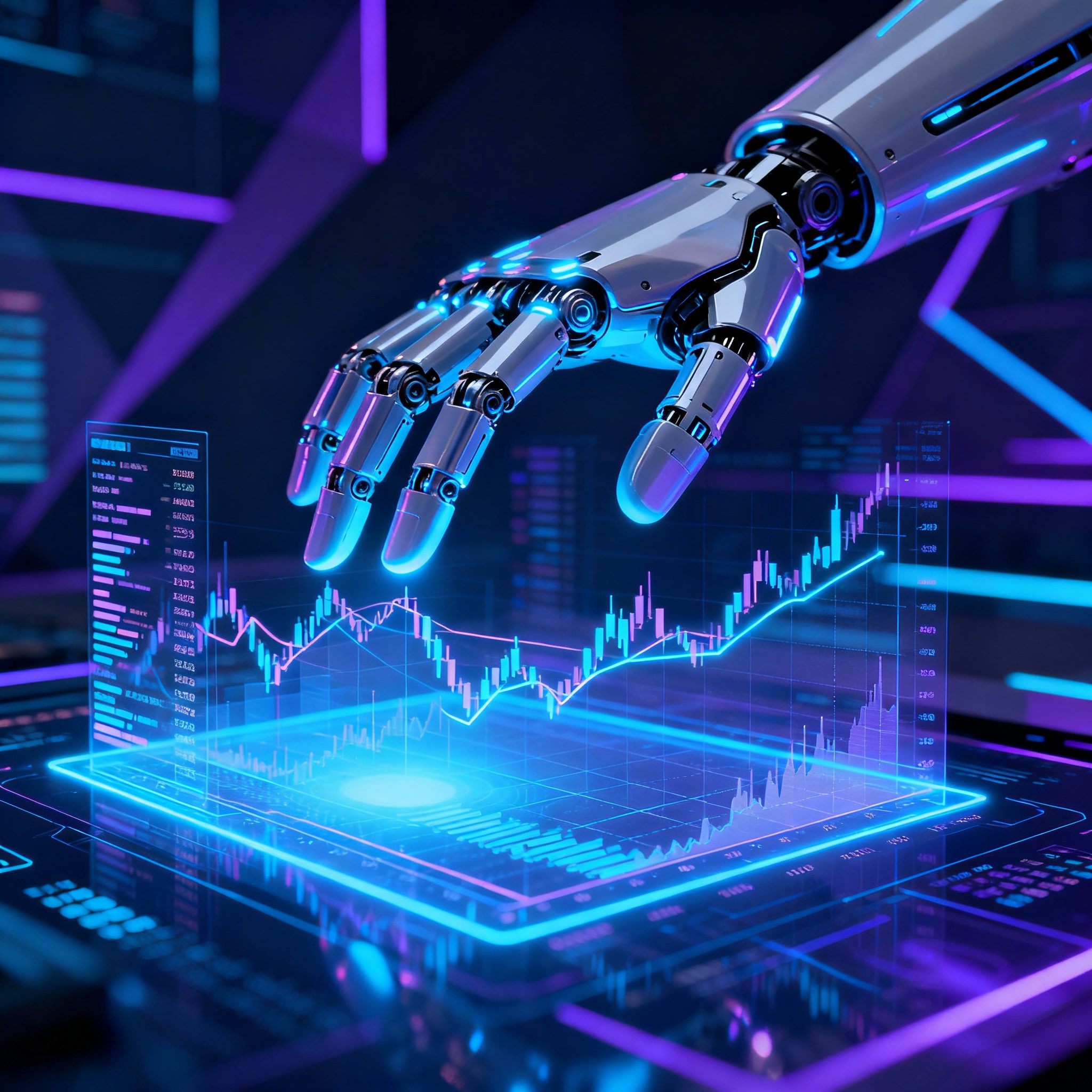 A robot hand pointing to a chart.