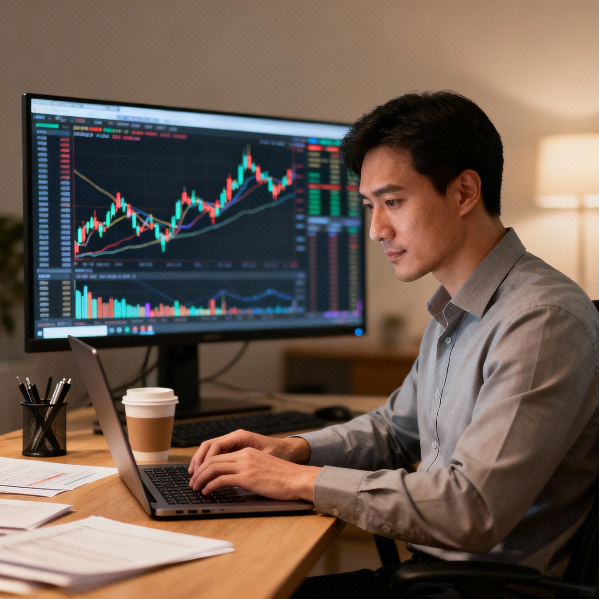 A depiction of a calm trader using a laptop.