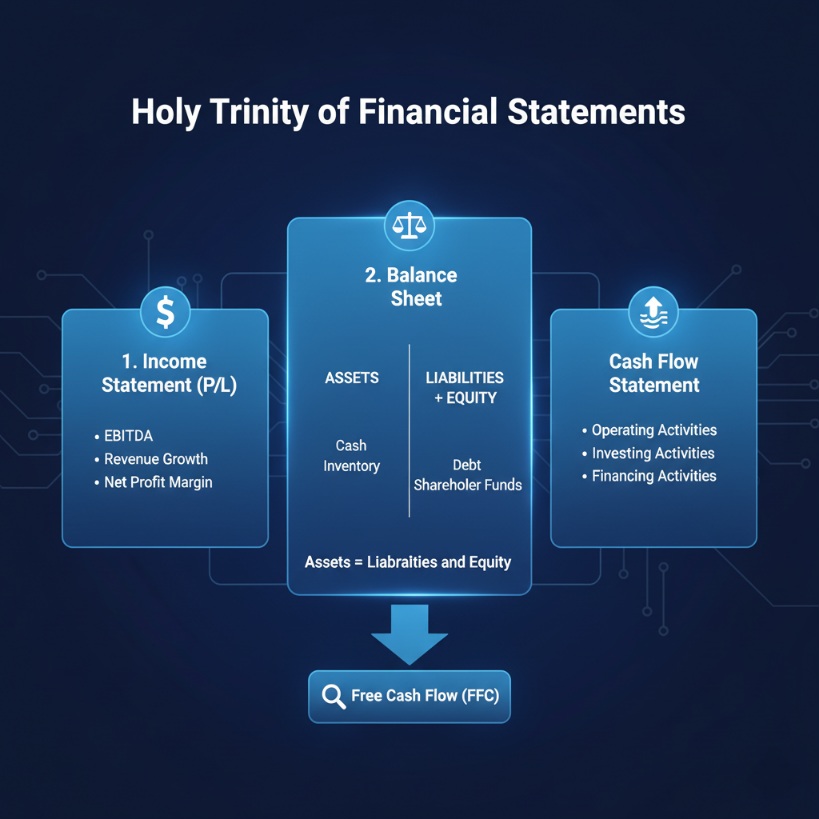 Image showing three financial statements: P&L, Balance Sheet, and Cash Flow.