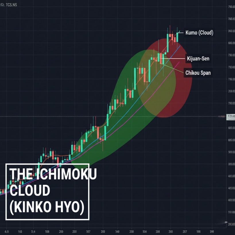 Image showing an Ichimoku Cloud chart with its various lines.